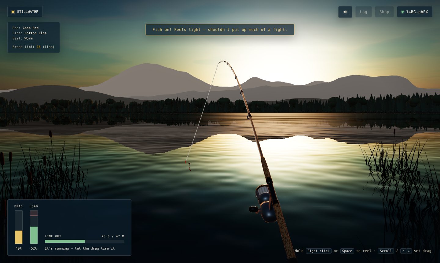 A fish on the line: the rod bends toward the float while the drag and load meters show the strain on the line.